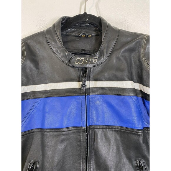 HJC Leather Jacket Mens 50 Black Blue Motorcycle Riding Gear Armor Zip - Picture 3 of 14